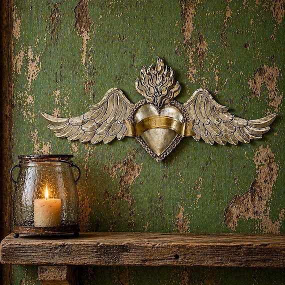 HEART with WINGS, Tin Winged Heart, Mexican Corazon 26”W