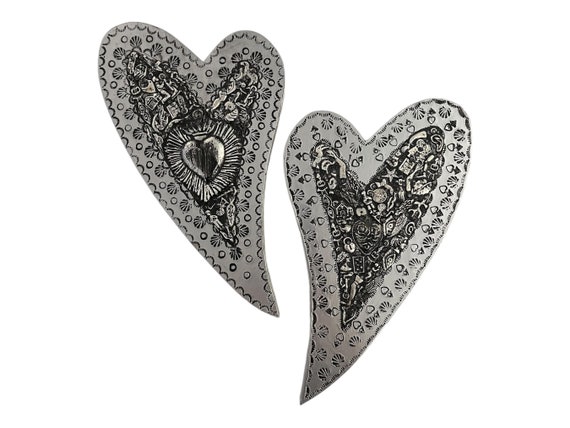 Mexican MILAGROS HEART Carved Wood Heart with Embossed Tin, ExVotos Corazon