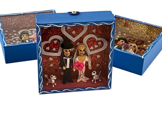 Day of the Dead Shadowbox WEDDING NICHO, Bride & Groom, Puppies, Novios