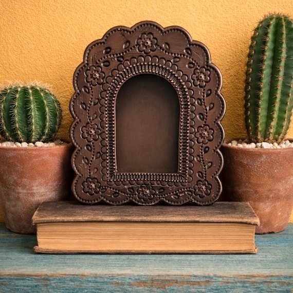 Mexican Tin NICHO, Arched Shadowbox Frame, Silver or Oxidized 7 1/2"H