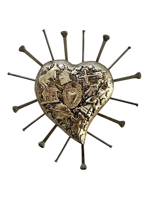Milagros Heart with Nails, 6" Embossed Tin Mexican Corazón Small
