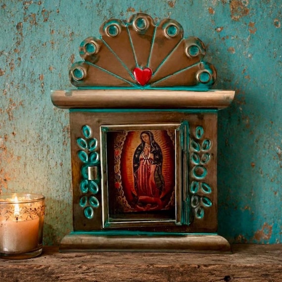 Mexican Tin Heart Nicho Frame, Virgin Guadalupe Shadowbox, Small 5”