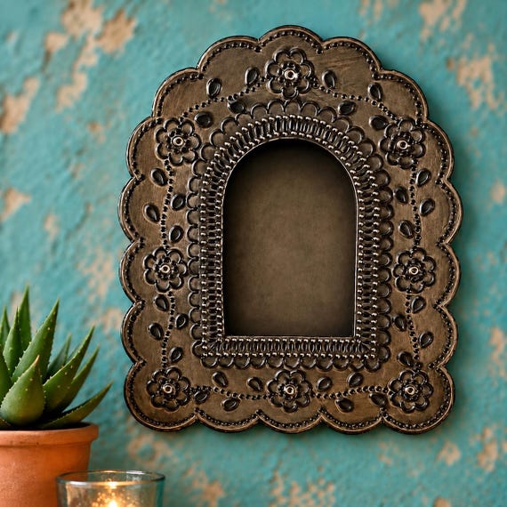 Mexican Tin NICHO, Arched Shadowbox Frame, Dark Oxidized 7 1/2"H