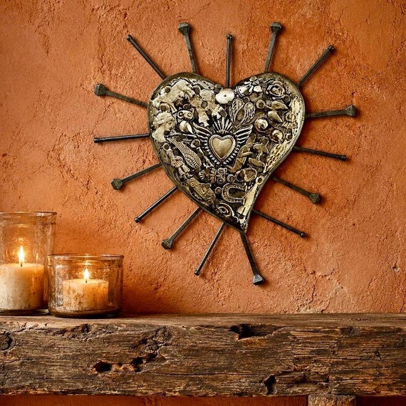 Milagros Sacred Heart, Embossed Tin & Wood Mexican Corazón with Nails