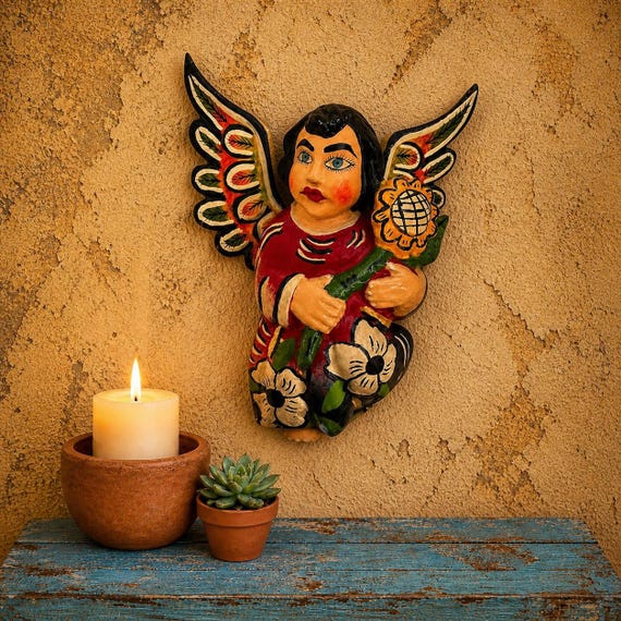 Mexican ANGEL with Flower, Full Body Hanging Carved Wood Angel