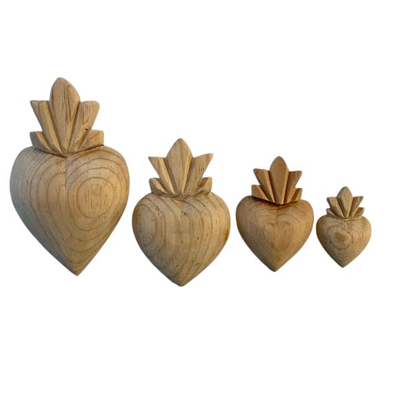 DIY Hearts, Set (3) Carved Wood SACRED HEARTS, Craft Hearts, 4 Sizes Available