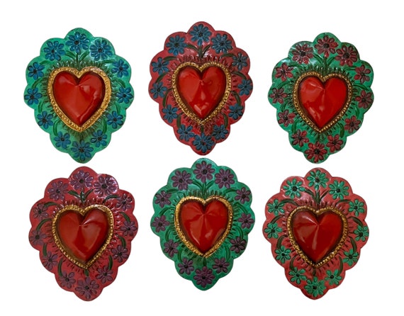 Mexican TIN HEART with Flowers, Painted Tin Corazon