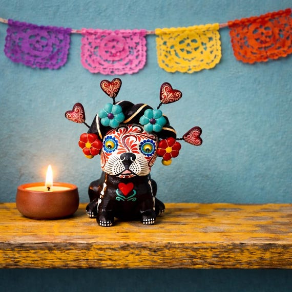 Day of the Dead Dog, Altar Ofrenda Decoration, Mexican Pottery Puebla, Skeleton Puppy