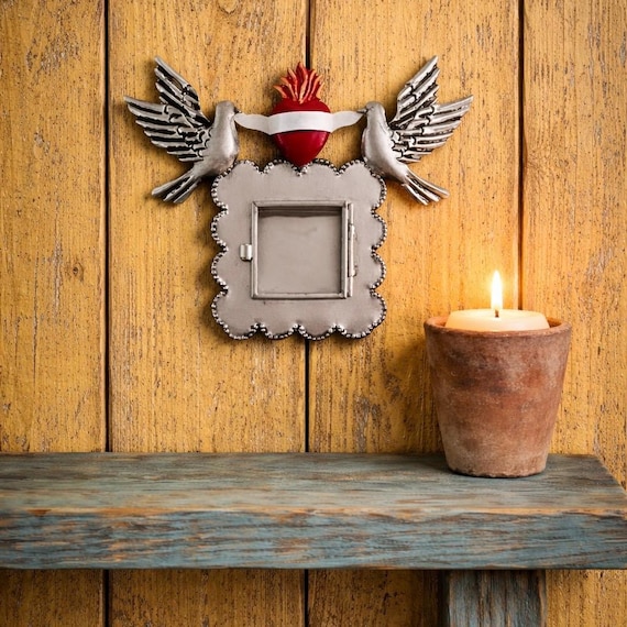 SACRED HEART Frame with Doves, Mexican Tin Heart Nicho, Shadowbox Niche, Silver