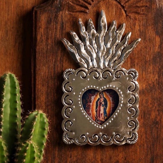 Shadowbox Nicho, Mexican Tin SACRED HEART Virgin GUADALUPE 8 1/2"