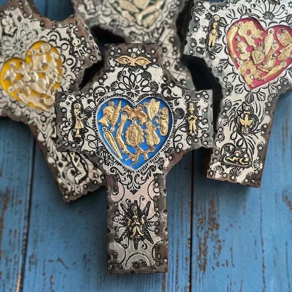 Mexican CROSS with Milagros HEART, ExVotos Milagros Corazon 7.5”H