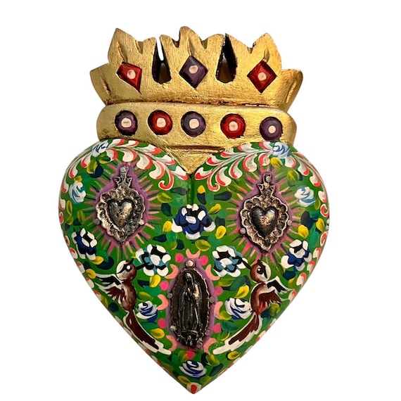 Milagros Heart Virgin GUADALUPE & Doves, ExVotos Corazon, SACRED Heart with CROWN