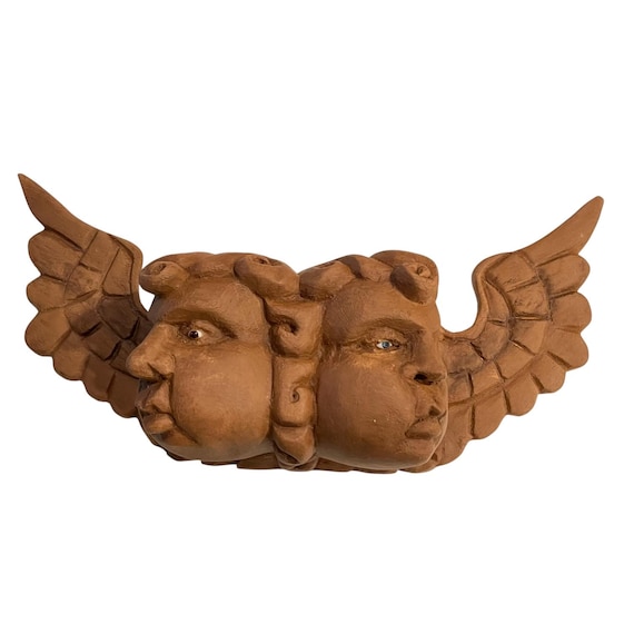 WOOD ANGEL, Two Faces Mexican Wood Angel w Glass Eyes, Cherubs, Cacheton, Chubby Cheeks Angel #2