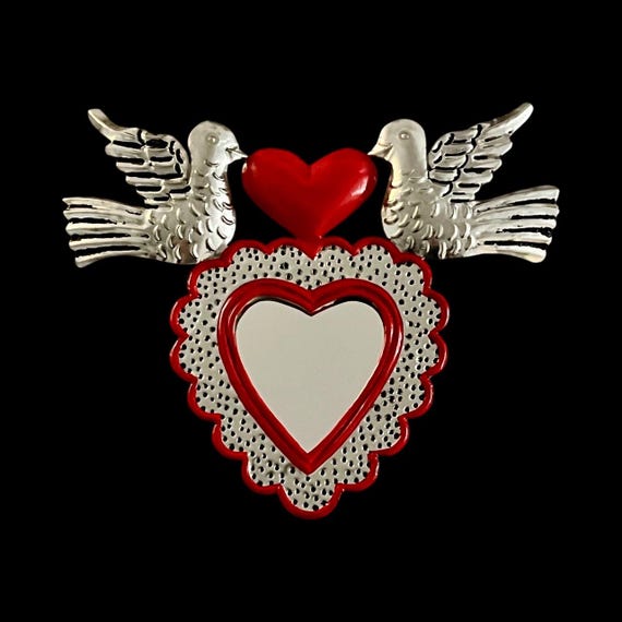 Tin HEART with DOVES and MIRROR, Sacred Heart, Mexican Tin Small Corazon, Silver