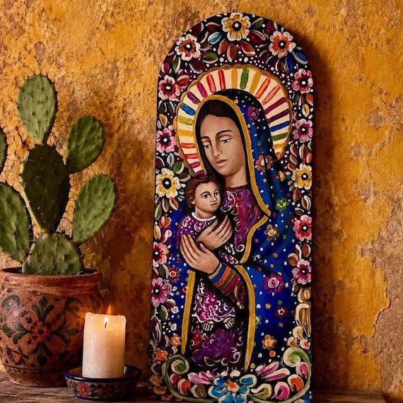 VIRGIN MARY with Child Batea Doughbowl, LG 23” Hand Painted Mexican Retablo