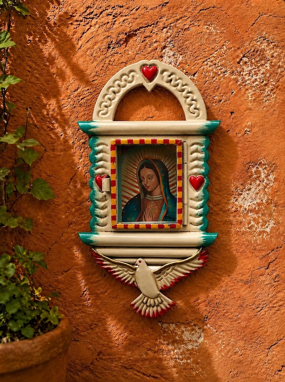Mexican Tin Nicho Frame with Dove, Sacred Heart, Small 6 1/2”H
