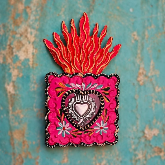 SACRED HEART Nicho, Mexican Tin Milagro Frame, Pink