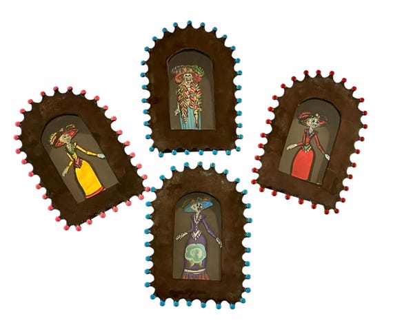 Mexican Tin NICHO with Day of the Dead Catrina Magnet, Shadowbox Frame