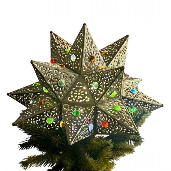 Mexican Tin STAR Christmas TREE TOPPER w Colored Marbles Xmas Topper 12” Silver Finish