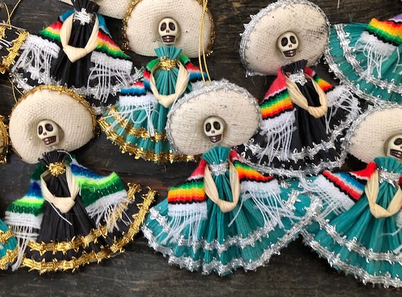 Day of the Dead CATRINA Ornaments Magnets, Set CORN HUSK Mexican Christmas Decorations Party Favors