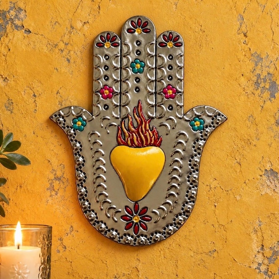 Hamsa Hand with Sacred Heart, Mexican Tin Hand w Corazon 8”H Yellow, Red or Aqua Heart