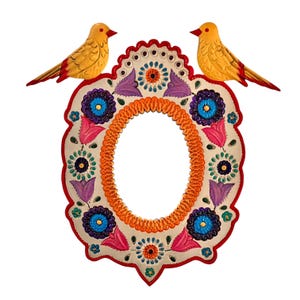 Mexican TIN MIRROR with Birds, Hand Painted Oval Mirror LG 13”H