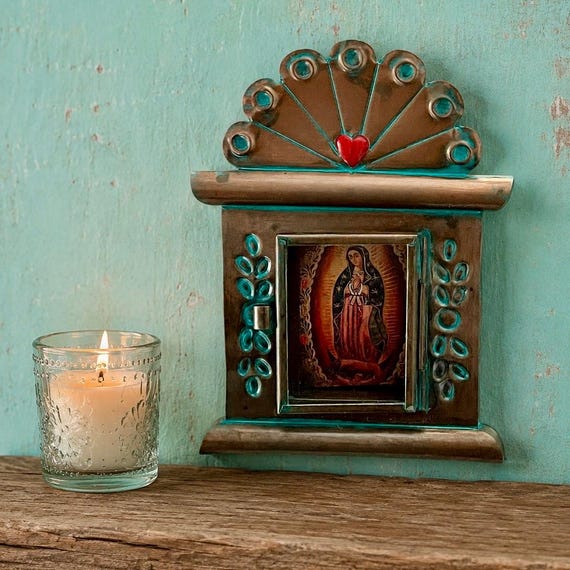 Mexican Tin Heart Nicho Frame, Virgin Guadalupe Shadowbox, Small 5”