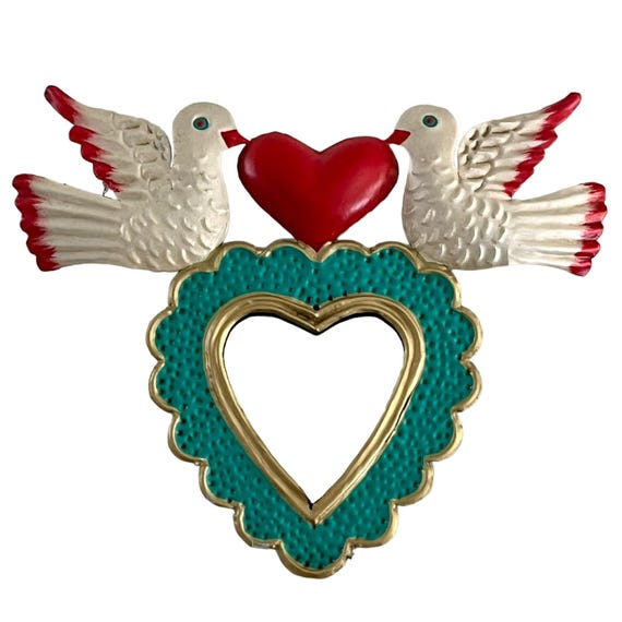 Tin HEART with DOVES and MIRROR, Sacred Heart, Mexican Tin Small Corazon