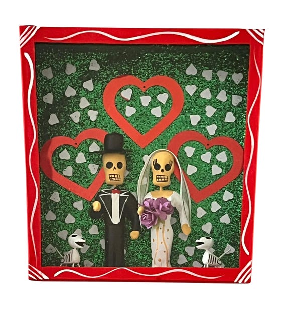 Day of the Dead Shadowbox WEDDING NICHO, Bride & Groom, Puppies, Novios