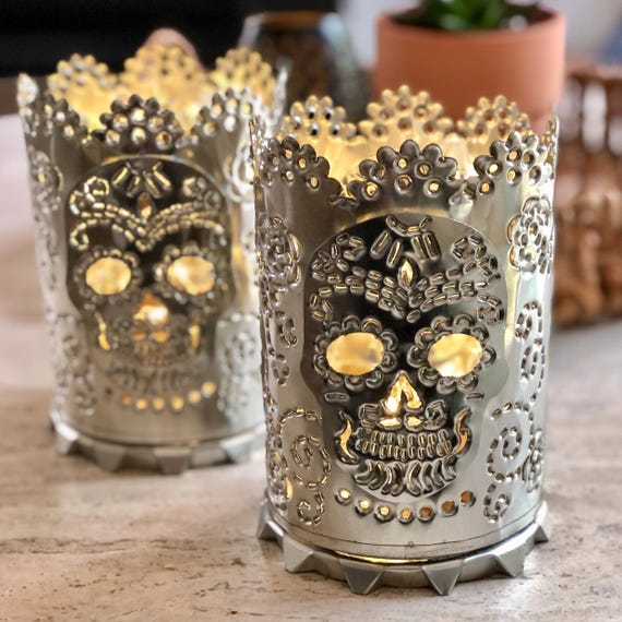 Set (2) Tin DAY of the DEAD Skull LUMINARIAS, Sugar Skull Candleholders, Mexican Punched Tin, Altar Ofrenda Decor