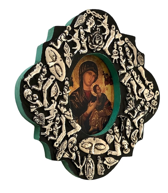 Mexican MILAGROS Plaque, VIRGIN MARY Frame with Charms ExVotos