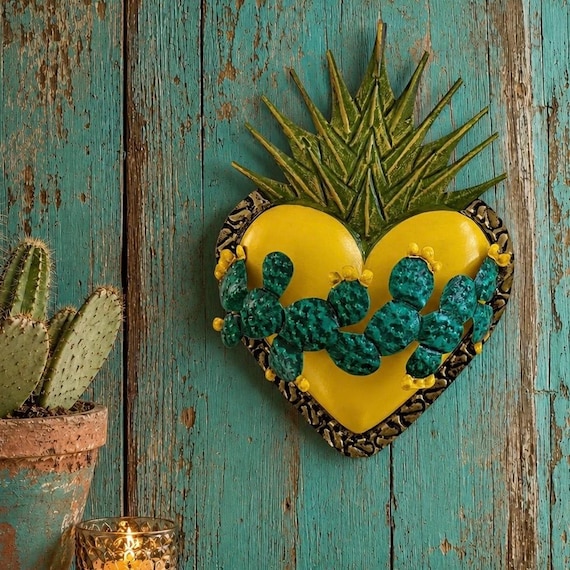 CACTUS HEART, Mexican Tin Sacred Heart with Flames, Yellow