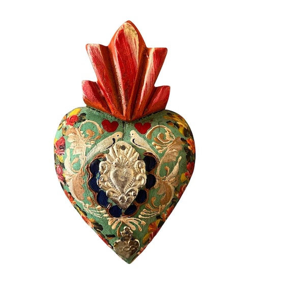 Virgin GUADALUPE Sacred HEART, Painted Milagro Heart w Doves, Mexican Corazon