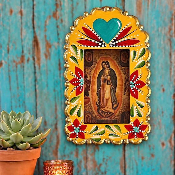 Tin HEART NICHO Shadowbox Frame, Hand Painted Mexican Display Niche 7” Virgin GUADALUPE