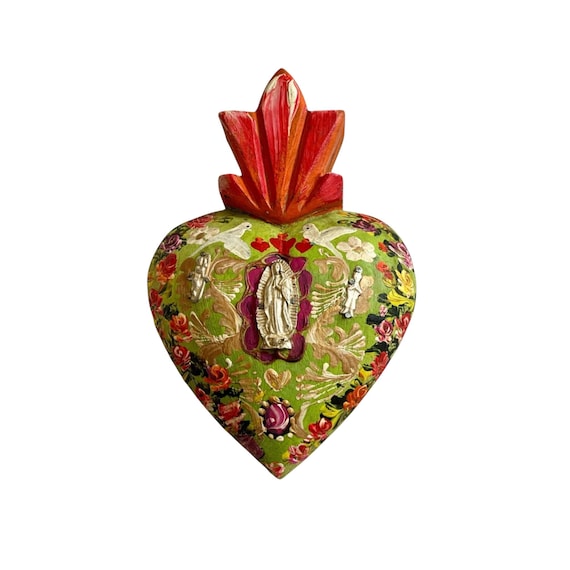 Virgin GUADALUPE Sacred HEART, Painted Milagro Heart w Doves, Mexican Corazon
