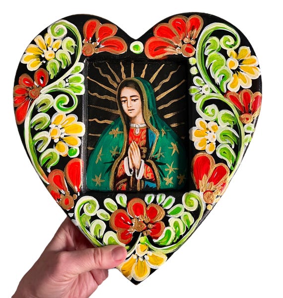 Virgin Guadalupe Heart Nicho: Mexican Corazon Retablo, LARGE 10+"