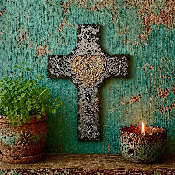 Mexican MILAGROS CROSS, Embossed Tin & Wood Heart, LARGE 12"