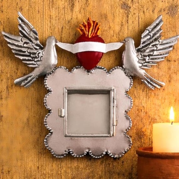 SACRED HEART Frame with Doves, Mexican Tin Heart Nicho, Shadowbox Niche, Silver