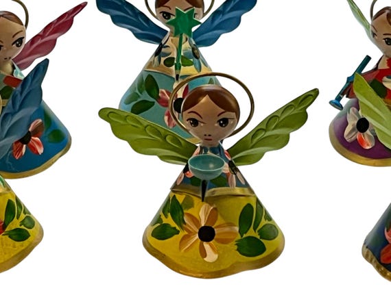 TIN ANGELS Set, Painted Angel ORNAMENTS, Mexican Christmas Party Favors