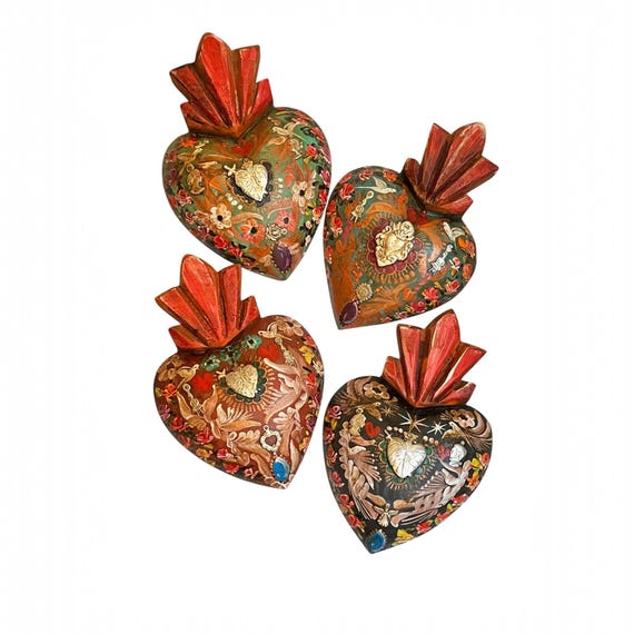 SACRED HEART, Painted Milagro Heart w Doves, Mexican Corazon