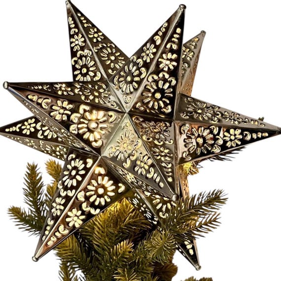 Moravian Tin STAR Christmas TREE TOPPER: Mexican Estrella Luminaria, Xmas Topper