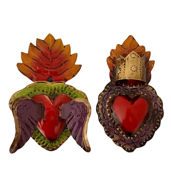 Set (2) TIN HEART Ornaments, Heart with Wings + Heart with Crown, Mexican Corazons