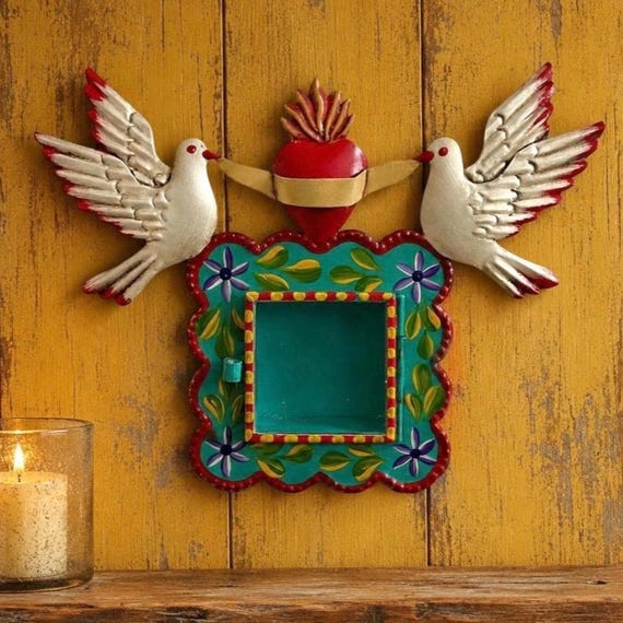 Mexican Tin Sacred Heart Nicho, Hand Painted Shadowbox Frame with Doves, Aqua/Green