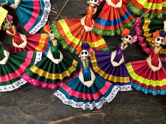 Day of the Dead Frida CATRINA Ornaments Magnets, Set CORN HUSK Mexican Christmas Decorations Party Favors