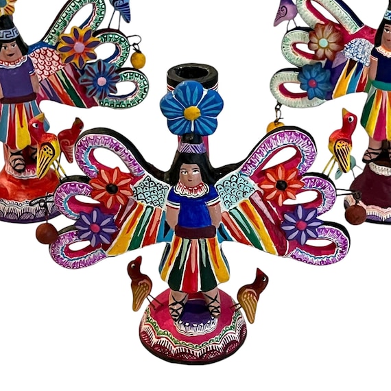 Mexican Tree of Life ANGEL CANDLESTICK, Mexican Pottery Painted Clay Angel