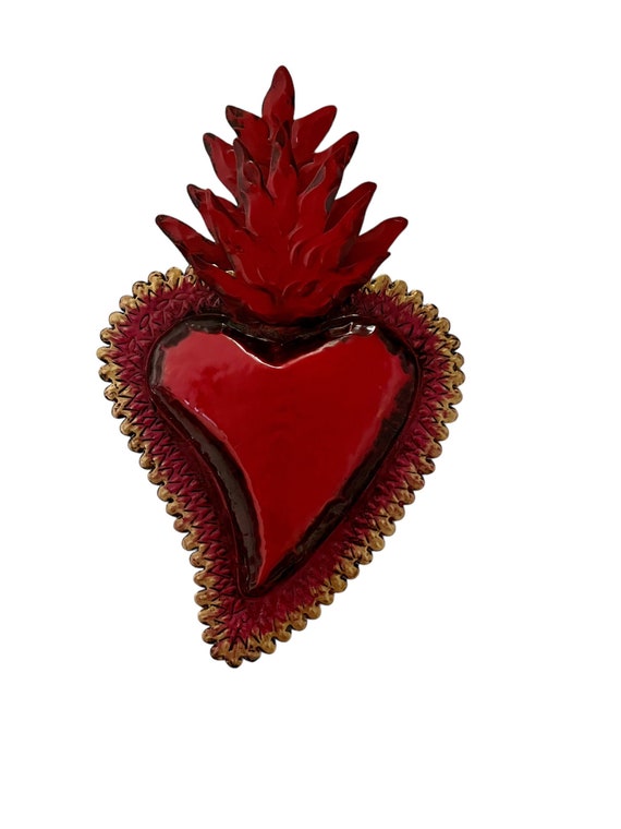 LG Punched TIN HEART, Sacred Heart with Flames, Mexican Corazon 13”