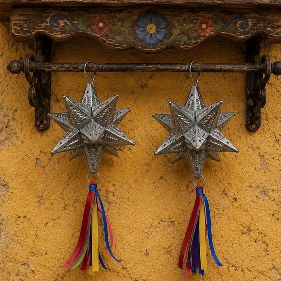 Mexican TIN STARS with Set (2) Moravian Stars, Lg Estrellas Ornaments 7”H