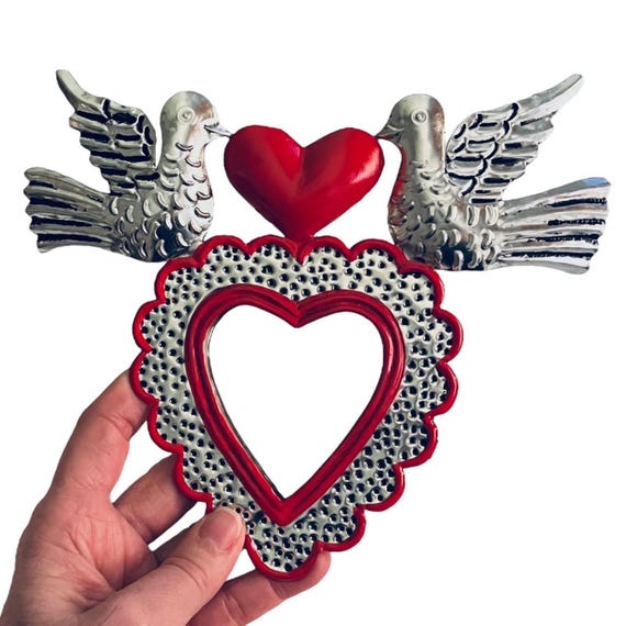 Tin HEART MIRROR w Doves, Mexican Corazon Palomas
