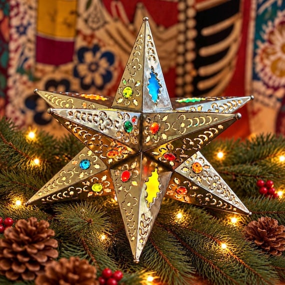 Mexican STAR Tree TOPPER, Xmas Tin Star, Handmade Estrella 11 inch - Flower Design, With or Without Colorful Glass & Marbles