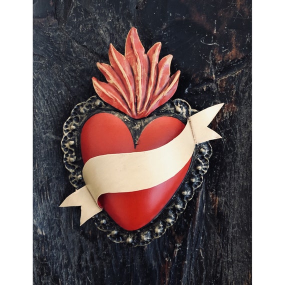 Tin SACRED HEART Ornament, Small Mexican Corazon